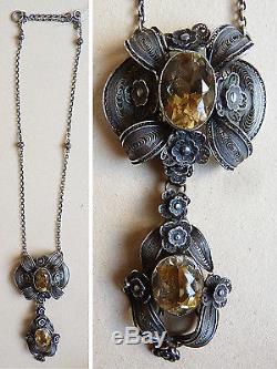 Pendant Necklace In Sterling Silver Filigree And Citrine Antique Jewel Circa 1900