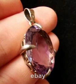 Pendant Old Vermeil Solid Silver Gold Plated With Natural Amethyst