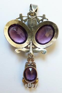 Pendant Solid Silver + Marcasite And Amethyst Jewel Old 19th Century