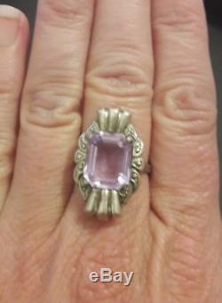 Pretty Antique Silver Ring And Purple Stone Art Deco Model