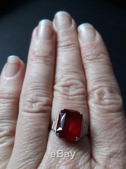 Pretty Antique Solid Silver Ring And Red Stone Rectangular Art Deco Period