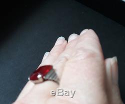 Pretty Antique Solid Silver Ring And Red Stone Rectangular Art Deco Period
