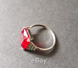 Pretty Antique Solid Silver Ring And Red Stone Rectangular Art Deco Period