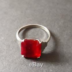 Pretty Antique Solid Silver Ring And Red Stone Rectangular Art Deco Period