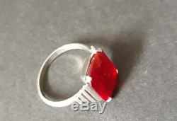 Pretty Antique Solid Silver Ring And Red Stone Rectangular Art Deco Period