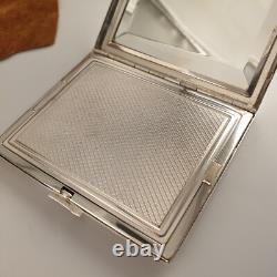Purse powder compact with antique mirror, guilloché solid silver, Art Deco style