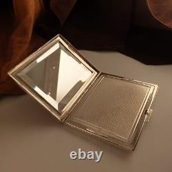 Purse powder compact with antique mirror, guilloché solid silver, Art Deco style