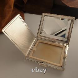 Purse powder compact with antique mirror, guilloché solid silver, Art Deco style