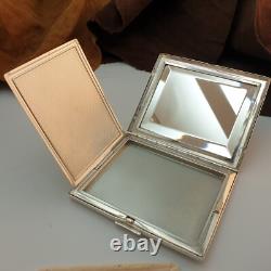 Purse powder compact with antique mirror, guilloché solid silver, Art Deco style