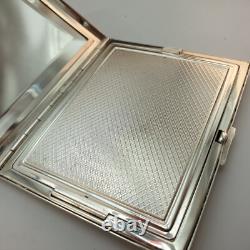 Purse powder compact with antique mirror, guilloché solid silver, Art Deco style