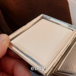 Purse powder compact with antique mirror, guilloché solid silver, Art Deco style