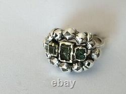 RARE ANTIQUE 18th Century Sterling Silver Gold Diamond Green Stone Ring with Emerald