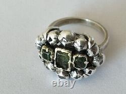 RARE ANTIQUE 18th Century Sterling Silver Gold Diamond Green Stone Ring with Emerald