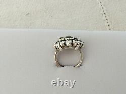 RARE ANTIQUE 18th Century Sterling Silver Gold Diamond Green Stone Ring with Emerald