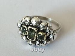 RARE ANTIQUE 18th Century Sterling Silver Gold Diamond Green Stone Ring with Emerald