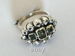 RARE ANTIQUE 18th Century Sterling Silver Gold Diamond Green Stone Ring with Emerald