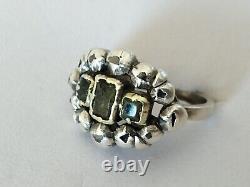 RARE ANTIQUE 18th Century Sterling Silver Gold Diamond Green Stone Ring with Emerald