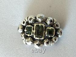 RARE ANTIQUE 18th Century Sterling Silver Gold Diamond Green Stone Ring with Emerald