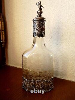 Rare Ancient Glass Flacon Grave Silver Massive Germany Antike Flasche Silber 800