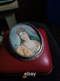 Rare Antique 19th Century Miniature Portrait Silver Solid Brooch