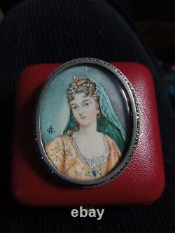 Rare Antique 19th Century Miniature Portrait Silver Solid Brooch