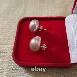 Rare Huge Pink Gray Mabé Pearl, Solid Silver, Vintage Earrings