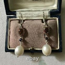 Rare Old Black Opal Earrings, Orange Sapphire, Pearl, Silver
