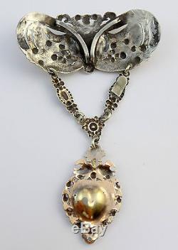Rare Old Regional Jewel In Sterling Silver Vermeil And Onyx Heart Pendant