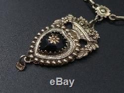 Rare Old Regional Necklace In Sterling Silver Vermeil And Jet Heart Pendant