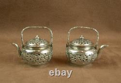 Rare Pair Of Ancient Salerons Silver Massive Shape Theiere China Indochina