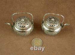 Rare Pair Of Ancient Salerons Silver Massive Shape Theiere China Indochina