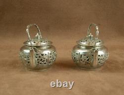 Rare Pair Of Ancient Salerons Silver Massive Shape Theiere China Indochina