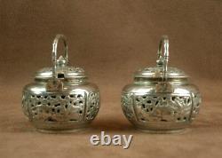 Rare Pair Of Ancient Salerons Silver Massive Shape Theiere China Indochina