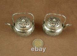 Rare Pair of Antique Solid Silver Salt Cellars in the Shape of a Teapot China Indochina