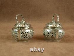 Rare Pair of Antique Solid Silver Salt Cellars in the Shape of a Teapot China Indochina