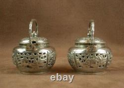 Rare Pair of Antique Solid Silver Salt Cellars in the Shape of a Teapot China Indochina