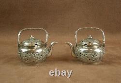 Rare Pair of Antique Solid Silver Salt Cellars in the Shape of a Teapot China Indochina
