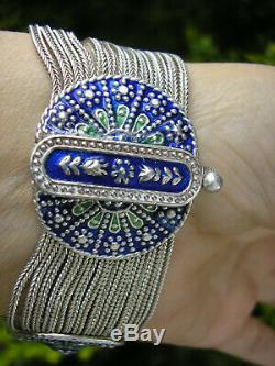 Rare! Superb Old Bracelet In Solid Silver And Enamel 65 Gr