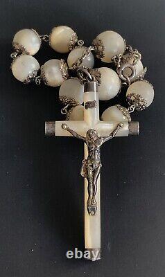 Rare ancient large silver thurible and mother-of-pearl antique rosary