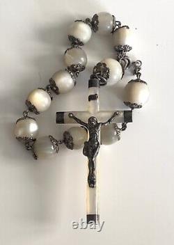 Rare ancient large silver thurible and mother-of-pearl antique rosary