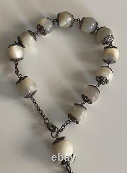 Rare ancient large silver thurible and mother-of-pearl antique rosary