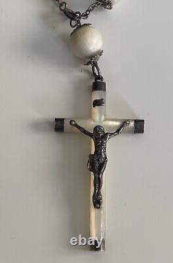 Rare ancient large silver thurible and mother-of-pearl antique rosary