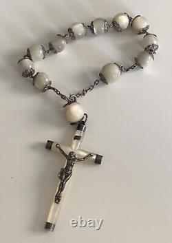 Rare ancient large silver thurible and mother-of-pearl antique rosary
