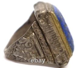 Rare antique Afghan lapis lazuli ring in solid silver, carved