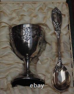 Rare antique solid silver egg cup spoon Minerve hallmark 35.48 grams engraved