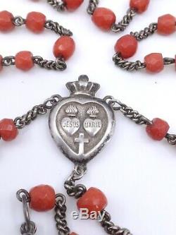 Rosary Old Solid Silver And Red Coral Beads XIX