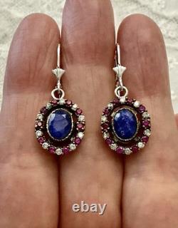 Sapphire, Ruby, Topaz, Vermeil/Silver Solid, Antique Earrings