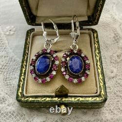 Sapphire, Ruby, Topaz, Vermeil/Silver Solid, Antique Earrings