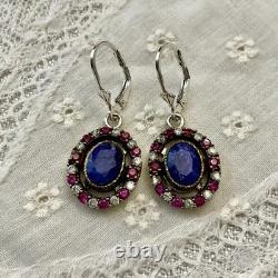 Sapphire, Ruby, Topaz, Vermeil/Silver Solid, Antique Earrings