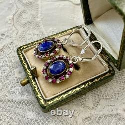 Sapphire, Ruby, Topaz, Vermeil/Silver Solid, Antique Earrings